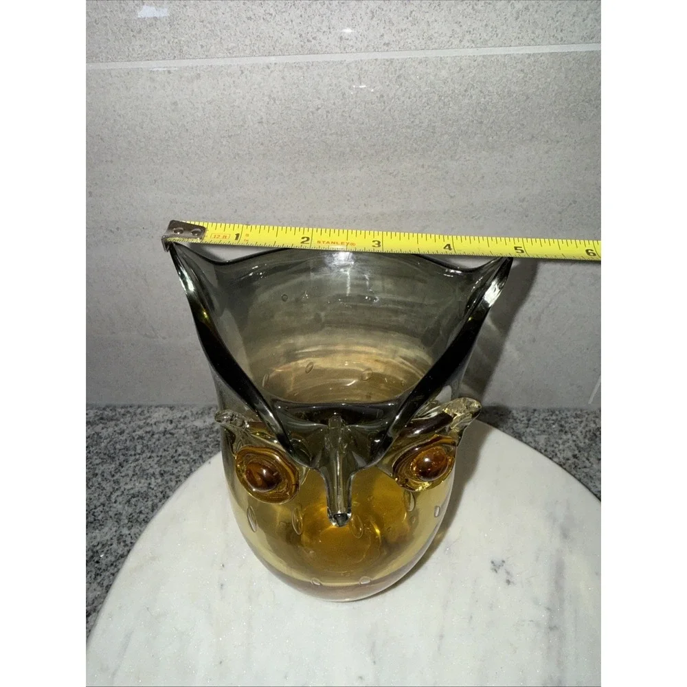MOUTH BLOWN Amber Gray Vase OWL Shape LARGE 9